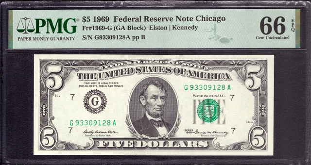 1969 $5 Federal Reserve Note Chicago Fr.1969-G Ga Block Pmg Gem Unc 66 Epq(128A)