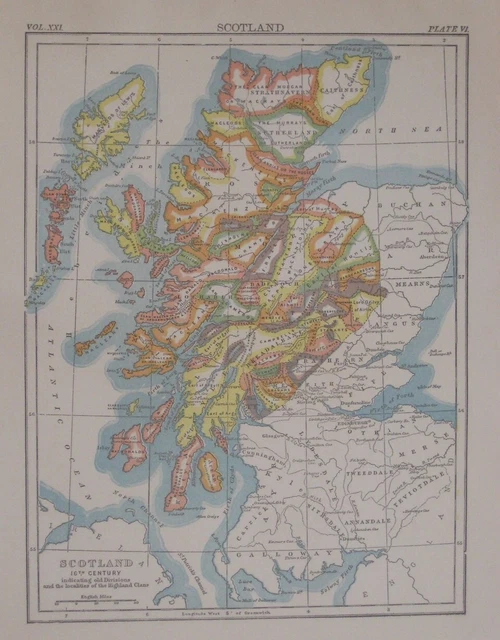 Original 1886 Johnston Map SCOTLAND Highland Clans Old Divisions 16th Century