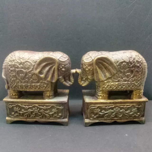 Pair of Heavy Cast Iron Indian Elephant Statues Trunk Up Bookend Gold Over Green