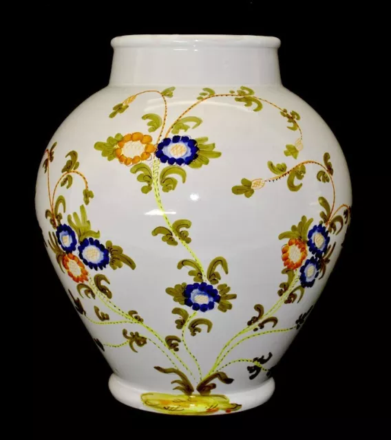Italian Majolica  Pottery Large 10 3/4" Vase Hand Painted Floral Signed Perfect