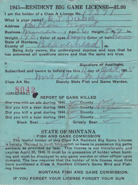 Beaverhead Montana Bid Game License 1945 Grizzly Bear  E J Dubie