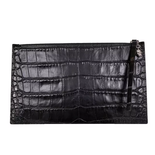 NEW $530 ALEXANDER MCQUEEN Black Leather Croc Embossed SKULL ZIP Clutch BAG NWT