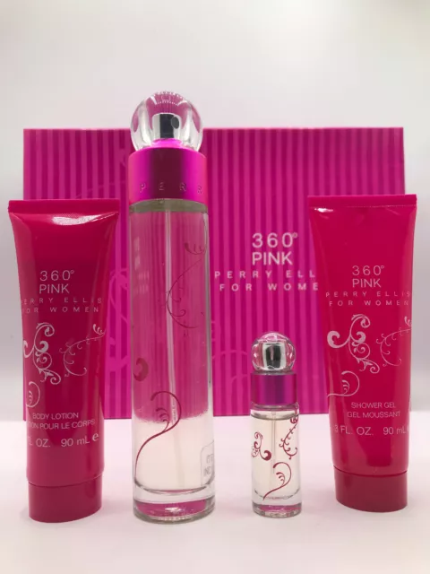 Perry Ellis 360 Pink Women 4pc Parfum Spray 3.4 oz Shower Gel Body Lotion Mini