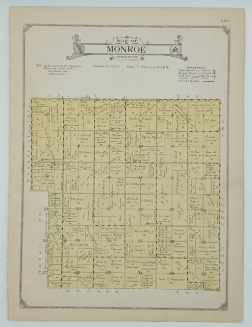 1922 Monroe Township Plat Map Platte County Nebraska Original