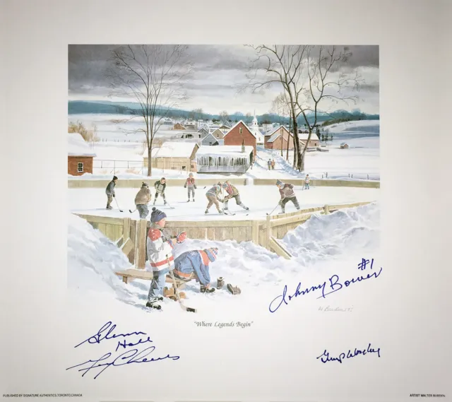 Signed Bower, Cheevers, Hall, Worsley Lithograph - Leafs, Hawks, Habs, Bruins