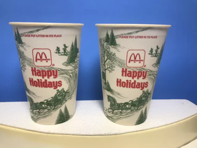 (2) Vintage McDonald’s 1990 Happy Holidays Wax Cups - Medium Size - New (RARE)