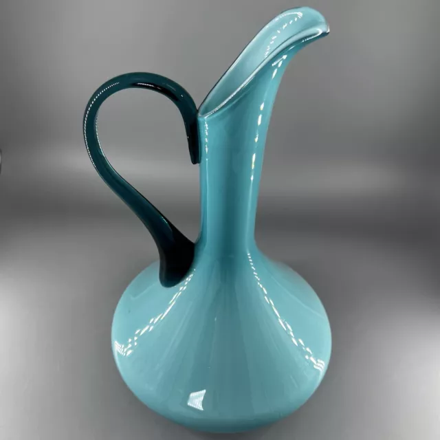 Vintage Empoli Art Glass Blue Cased Ewer Pitcher MCM - Made In Italy - 1960s