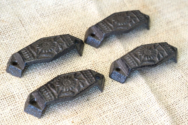 4 Drawer Pulls Cabinet Bin Handles Rustic Vintage Dresser Cast Iron Cup Ornate