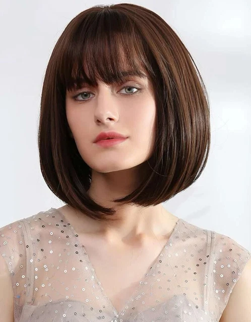Perruque Courte Synthétique Brun Châtain Foncé Avec Frange - Bonnet Moyen, Style Naturel