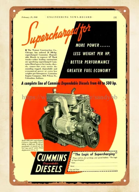 1940 Cummins Pependable Diesel Engine supercharged metal tin sign home decor