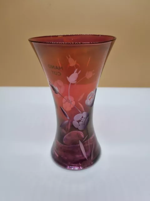 Royal Doulton Room Vintage Hour Glass Floral Etched Fine Cut Cranberry Vase