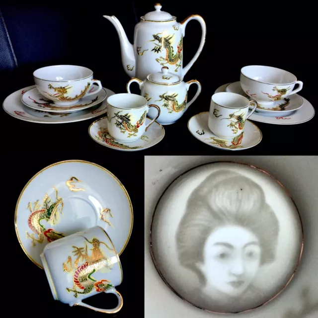 Japanese Lithophane Geisha Girl Eggshell China Dragon Ware Tea Set (12 Pieces) 2