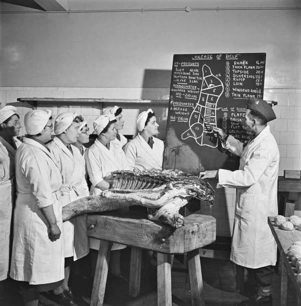 Meat Rationing INSTRUCTOR SERGEANT WATCHUS teaches anatomy meat ration a group- 1942 ...