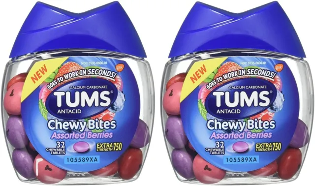 Tums Antacid Chewy Bites, Assorted Berries, 32 Chewable Tablets - 2 PACKS LOT