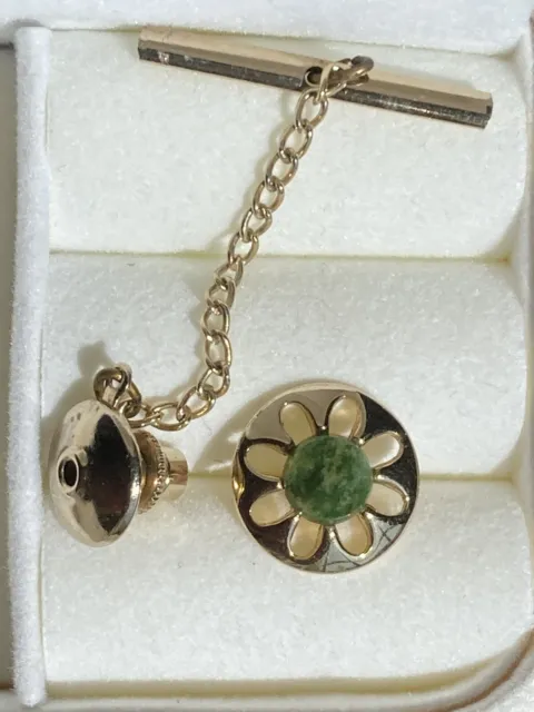 Vintage Green Agate Stone Gold tone Tie Tack Tac Stay Chain