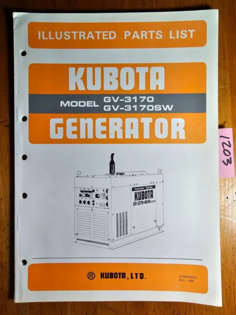 Kubota GV-3170 GV-3170SW Diesel Generator Illustrated Parts List Manual 11/86