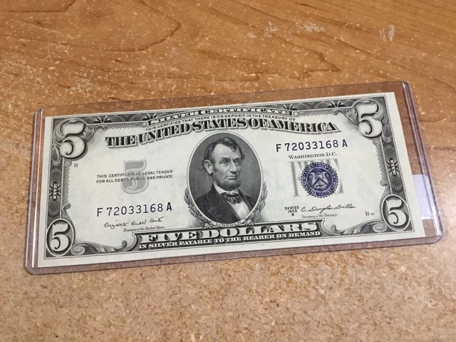 1953-B $5 Dollar Bill-Silver Certificate-BU-Misaligned-3168 A