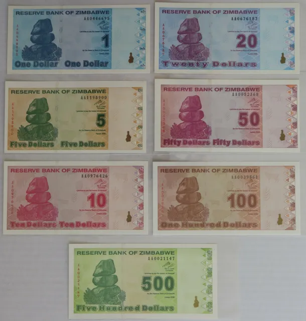 Zimbabwe • 2009 • 1 5 10 20 50 100 500 Dollars • Set of 7 uncirculated banknotes