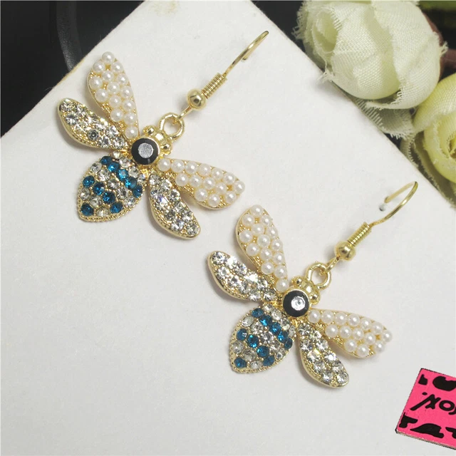 New Betsey Johnson Blue Bling Cute Bee Honey Crystal  Stand Earrings Gift