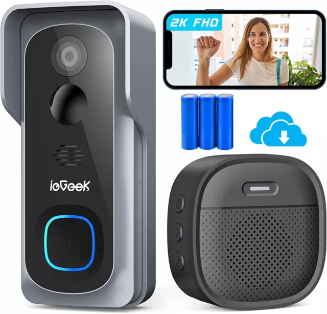 2K FHD Smart Video Doorbell Battery Camera WiFi Wireless Chime Door Ring Bell UK