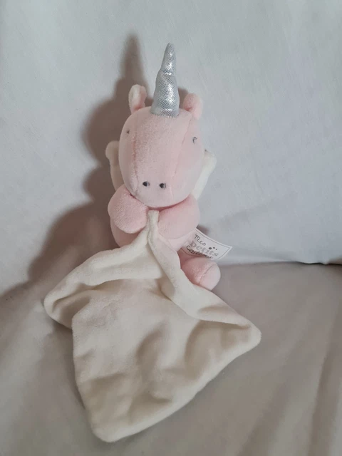 DOUDOU LICORNE MES PETITS CAILLOUX ROSE MOUCHOIR BLANC Etat Neuf + hochet Kdo