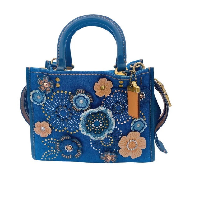 Coach Tea Rose Rivet 28885 2way Shoulder Bag Denim & Leather Indigo Blue