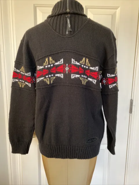 Reusch Men’s Quarter Zip Wool Long Sleeve Black Red White Ski Sweater Rare Sz S