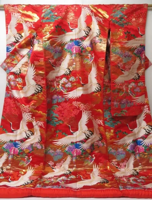 2304T03z3810  Japanese Kimono Silk UCHIKAKE Flying crane Red