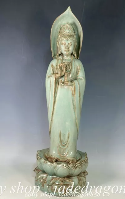 22" Song Dynasty Ru Kiln Porcelain Stand Lotus Kwan-yin Guan Yin Goddess Statue