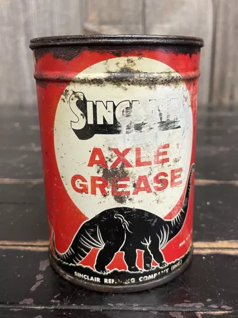 Red Early Vintage Sinclair Axle Grease Motor Oil Tin Can Dino Logo Advertising