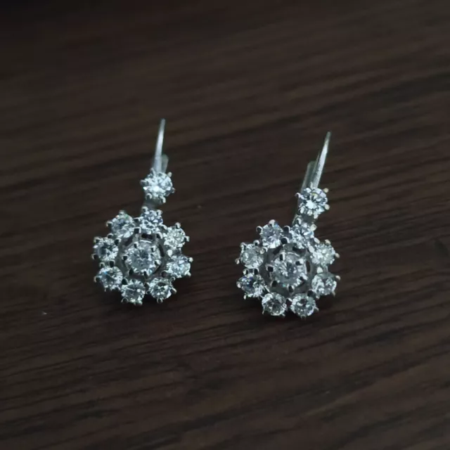 Antiguo 2Ct Imitación Diamante Flor Pendientes Racimo Oro Blanco Chapado Plata 2