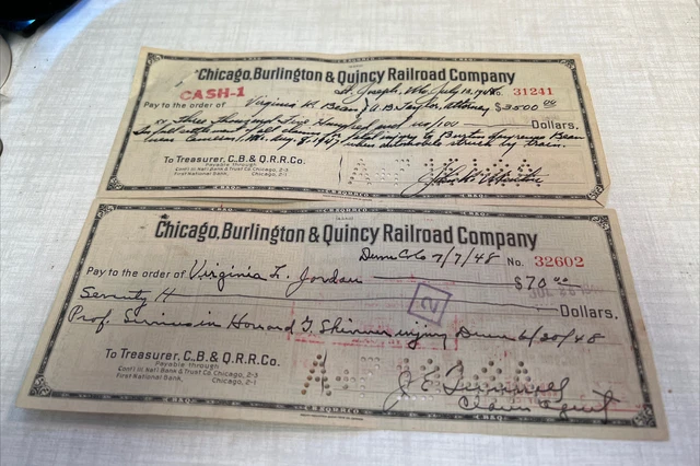 (2) 1948 Chicago Burlington Quincy Railroad Company Cancelled CheckS 4 CLAIMS 12
