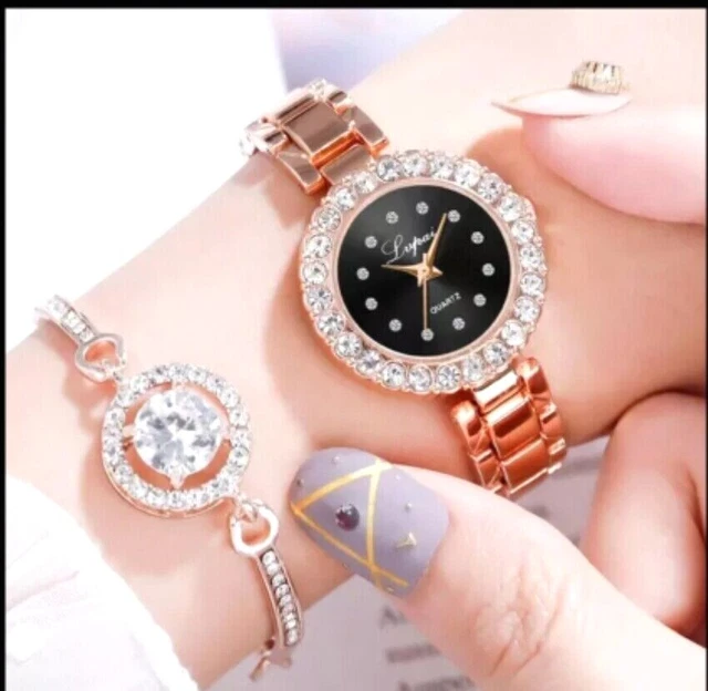 Ladies Wrist Watch And Bracelet Set Crystal And Quartz Analog Rose Gold Silver