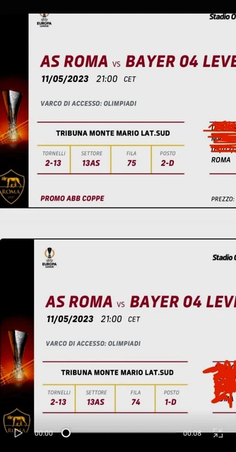 2 biglietti Vicini - As Roma-Bayer Leverkusen Tribuna Monte Mario Lato.Sud 11/05