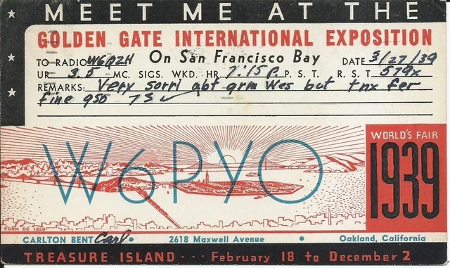 Vintage Ham Radio Qsl Cards 1939  W6Pyo  Golden Gate Intl Expo