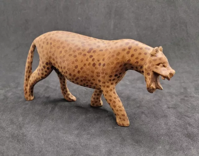 Hand Carved Wooden Jaguar Leopard Cat Figurine Spotted Africa Mouth Open Vtg