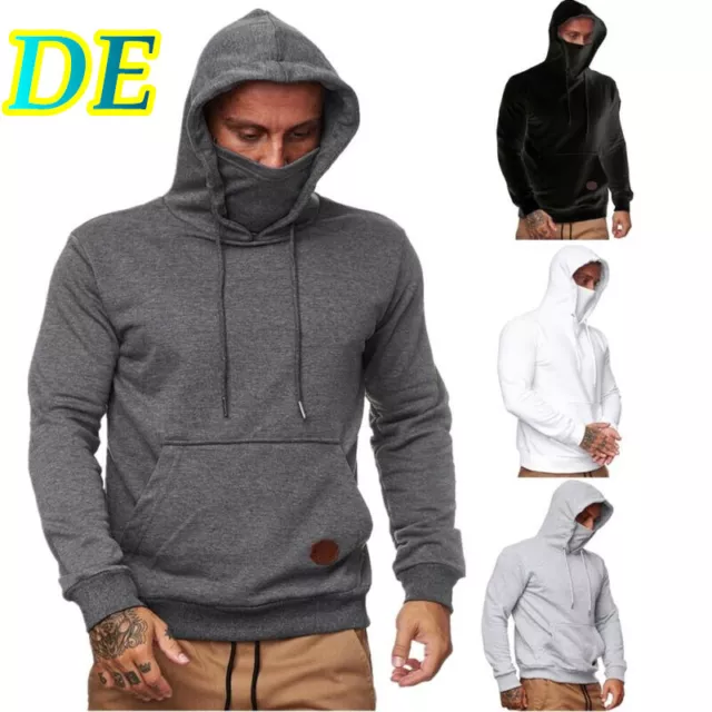 Herren Sport Hoodie Solid Color Kordelzug Kapuzen Sweatshirt Mit Maske Face Cove