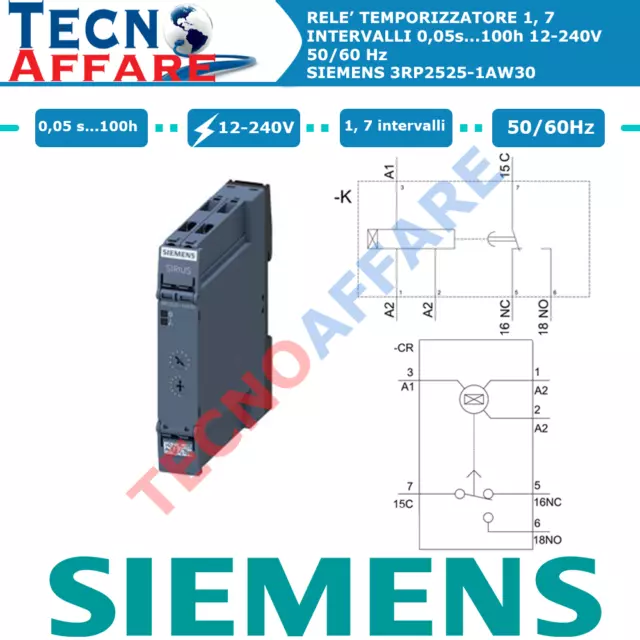 Relè a tempo 0,05 s...100 h AC/DC 12-240V Relè Siemens 3RP2525-1AW30