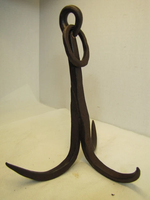 Antique Wrought Iron Triple Hook Hanger Blacksmith Fireplace Hearth Barn Tool 6