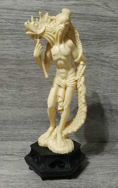 Vintage Asian Oriental Chinese Carved Fisherman With Sea Serpent, Resin Figurine