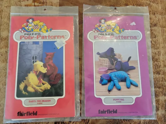 Vtg.Fairfield Poly-fil Patterns Puppy Pal D-203 Daryl The Dragon D-202 Patterns