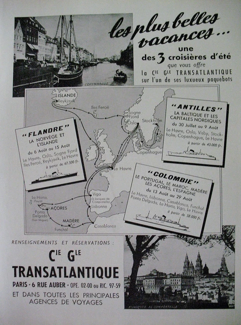 PUBLICITE DE PRESSE Cie Gle TRANSATLANTIQUE CROISIERE VOYAGE TOURISME AD 1954