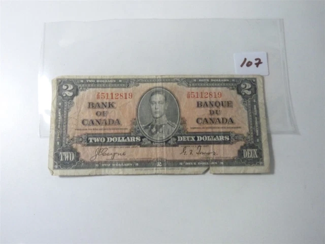Canada Banknote 1937 2 Dollar  Signature Coyne  Towers N0107