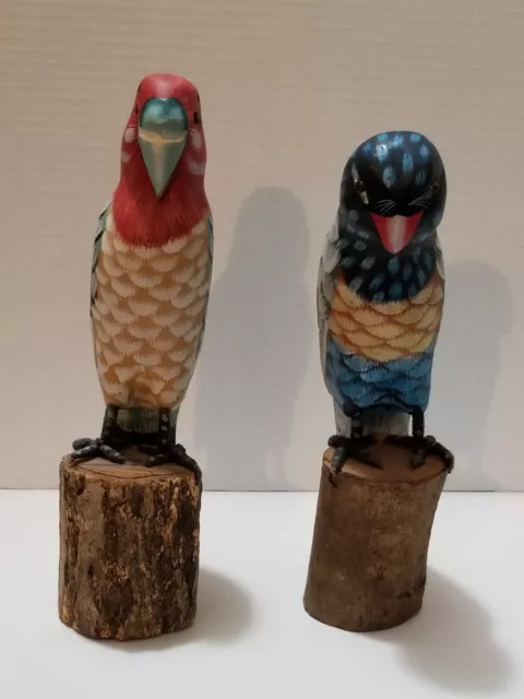 Parrots On Driftwood Base  Hand Carved Wood Tropical Sculpture Bird Decor Tiki