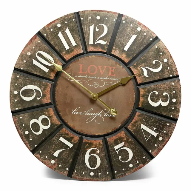 Round 60cm Extra Large Wall Clock Charcoal Wooden Live Laugh Love Vintage Decor