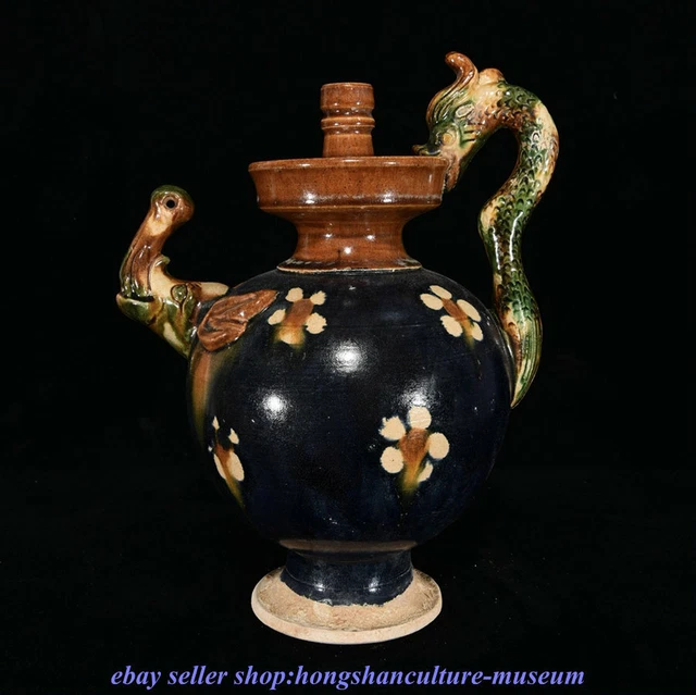 10.6 " Ancient China Tang Sancai Pottery Dynasty Dragon Handle Flower Wine Pot