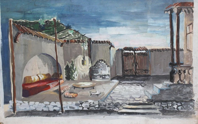 Vintage gouache painting Theater stage old house yard design