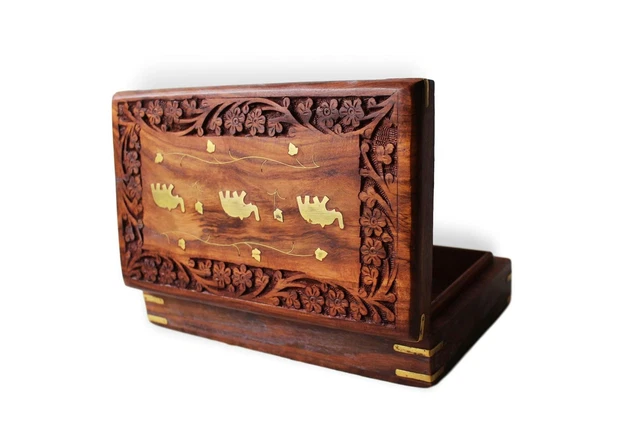 Patrón de flores Caja de baratija de tesoro de elefantes de latón de madera