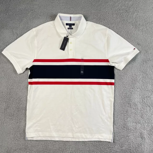 Tommy Hilfiger Polo Shirt Mens 2XL White Blue Striped Slim Fit Stretch NEW