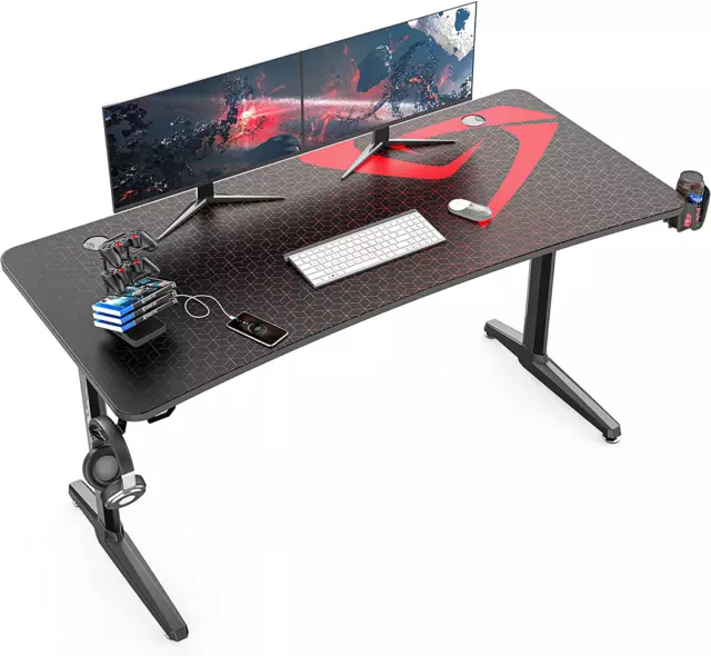 60 Inch Gaming Desk, Large Curved Computer Desk with Full Mouse Pad, T-Shaped Pr